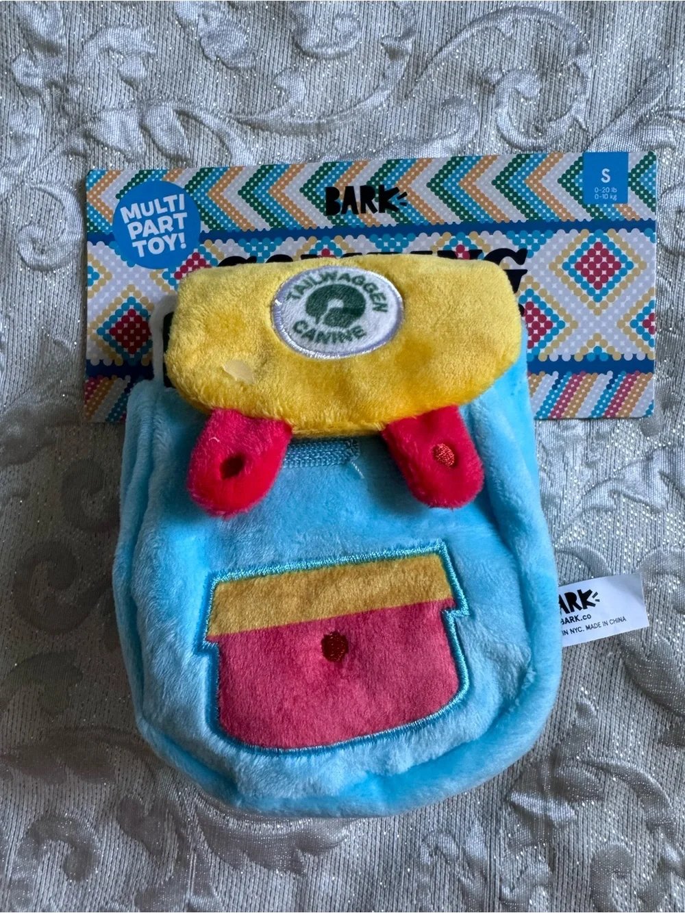 BARK Tailwaggin’ Canine Multi-Part Dog Toy Size Small – Backpack Plush Toy